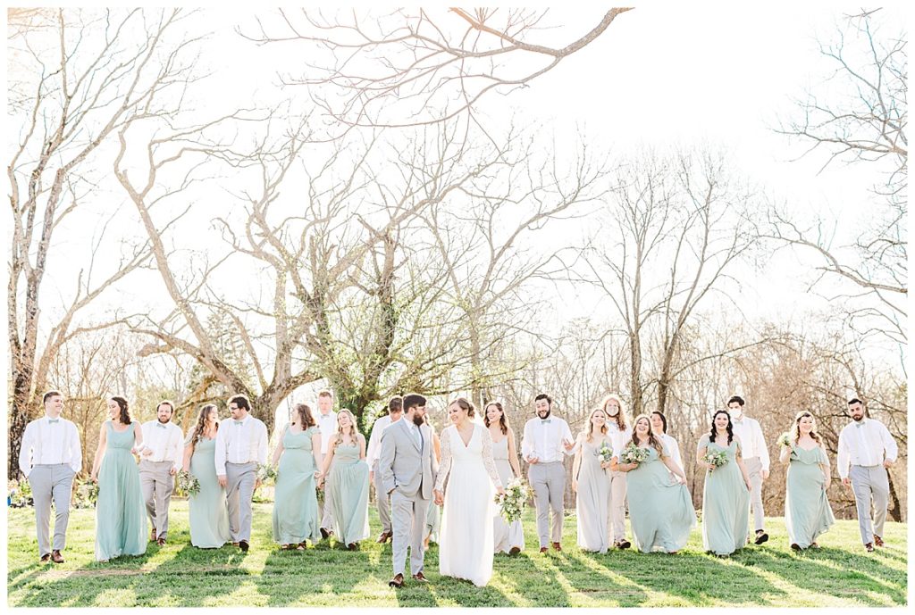 wedding party in pastel greens and greys, spring wedding